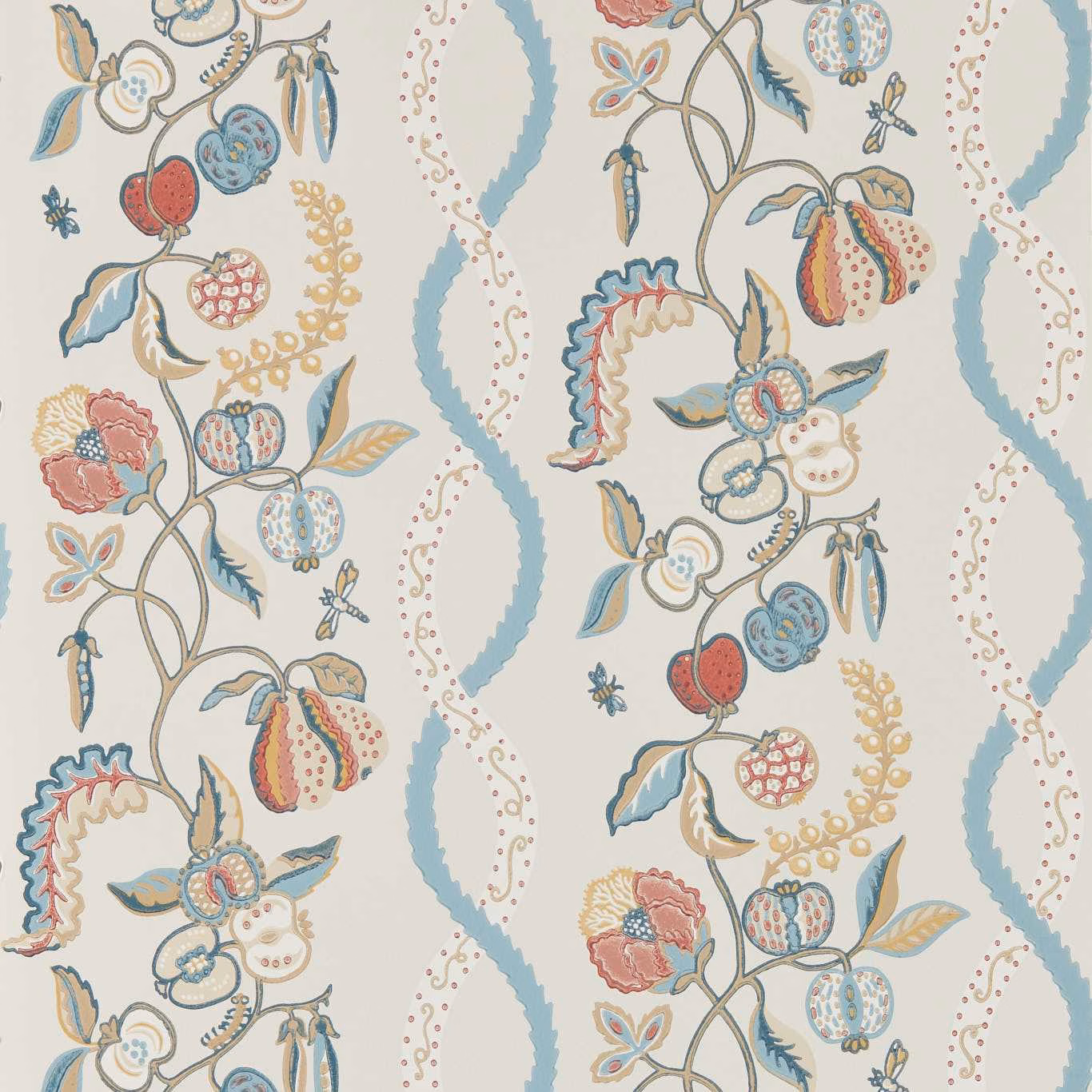 Pale Wedgwood-blue wallpaper with colourful fruit, flowers and curling botanical stems