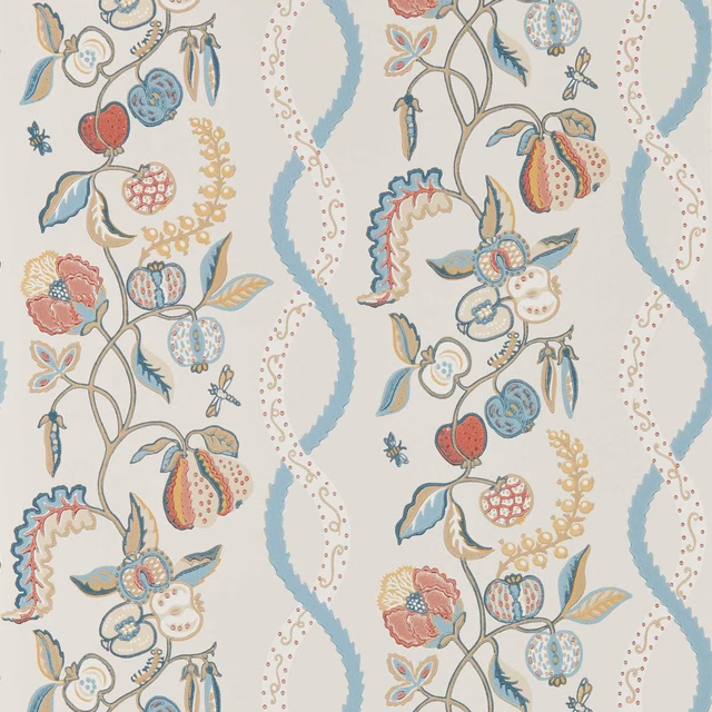 Pale Wedgwood-blue wallpaper with colourful fruit, flowers and curling botanical stems
