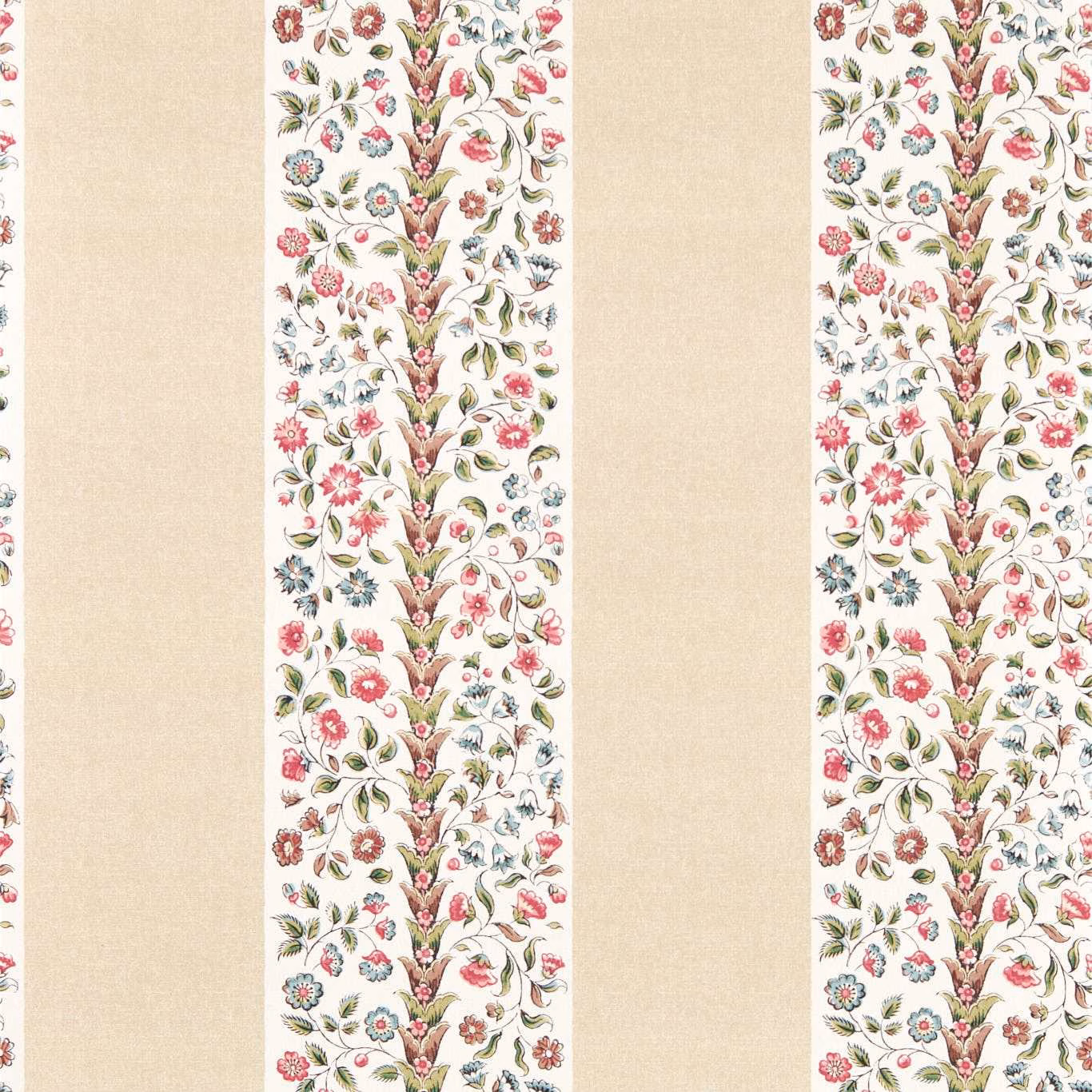 Cream wallpaper with beige stripes and vertical pink, red, blue and green floral bands