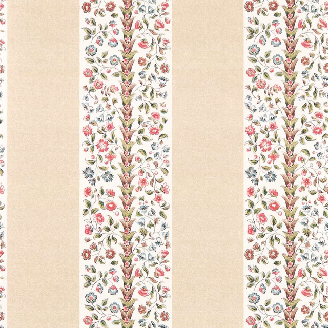 Cream wallpaper with beige stripes and vertical pink, red, blue and green floral bands
