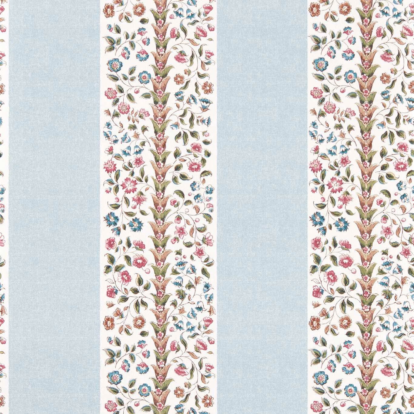 Mineral blue stripes beside cream panels of wisteria-toned flowers and curling foliage