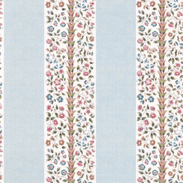 Mineral blue stripes beside cream panels of wisteria-toned flowers and curling foliage
