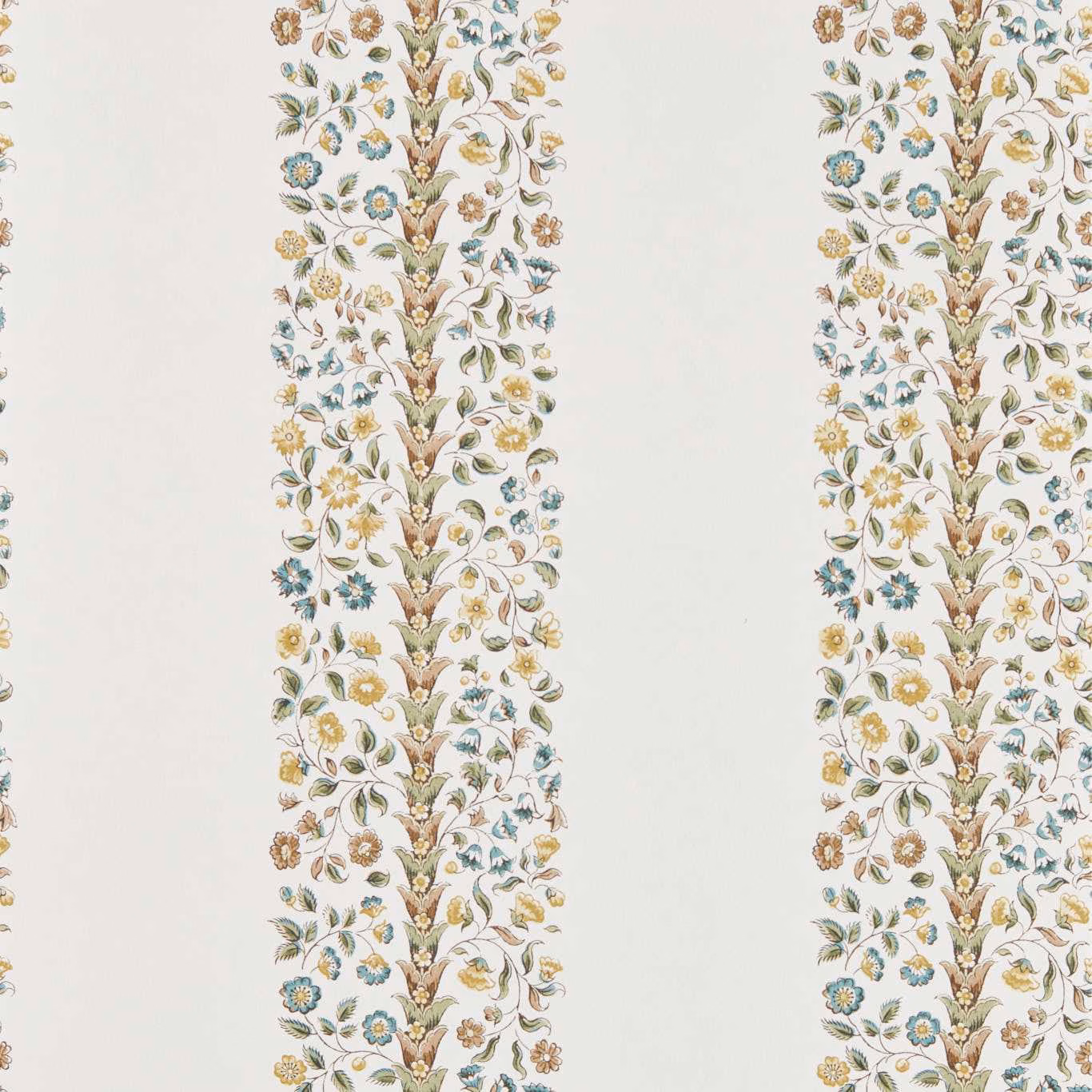 Parchment wallpaper with vertical botanical stripes in muted teal, sage, ochre and tan