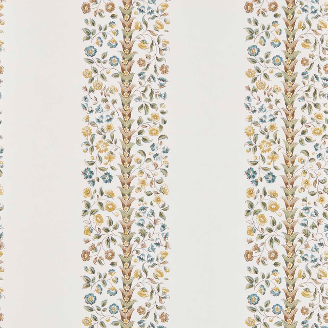 Parchment wallpaper with vertical botanical stripes in muted teal, sage, ochre and tan