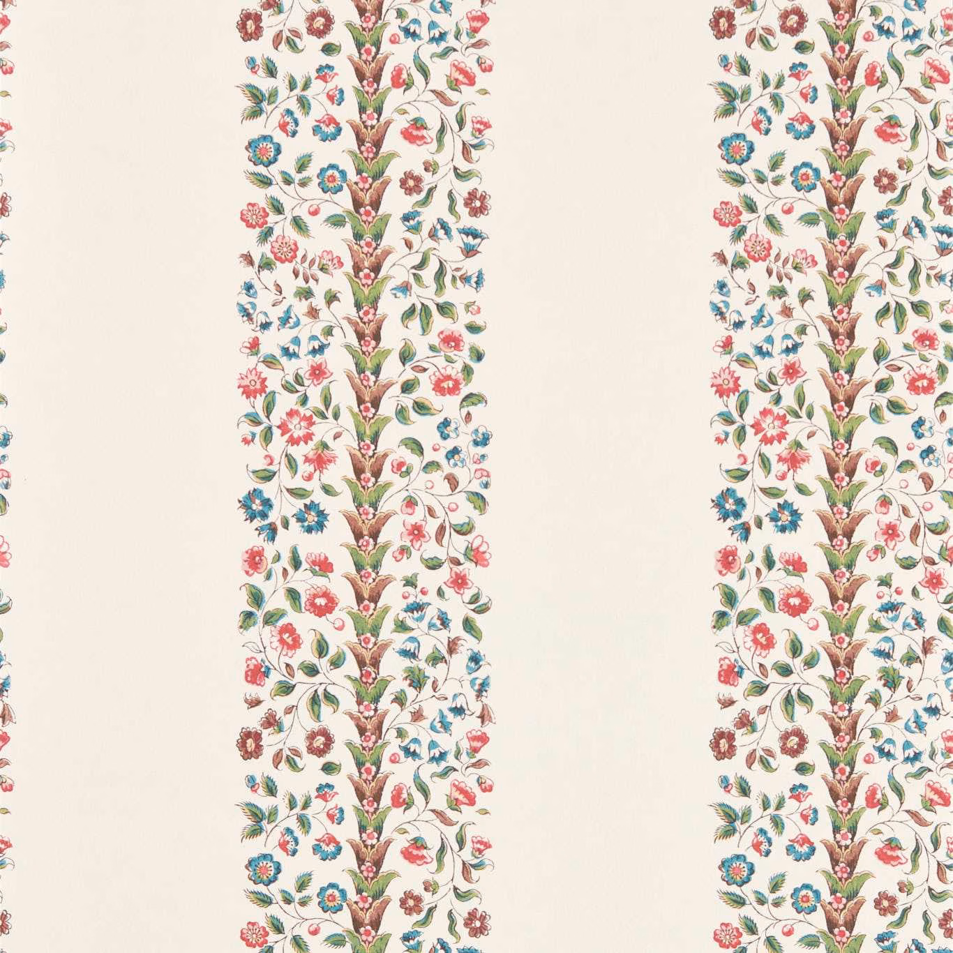 Cream wallpaper with vertical rose, teal and green floral chintz stripes