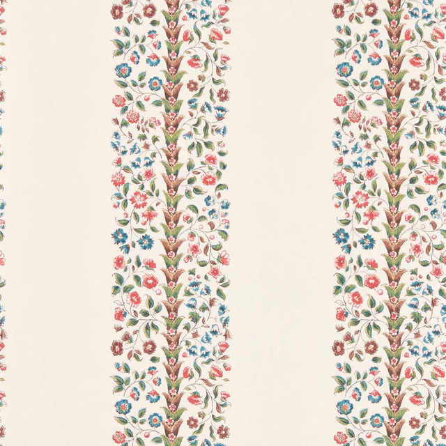 Cream wallpaper with vertical rose, teal and green floral chintz stripes