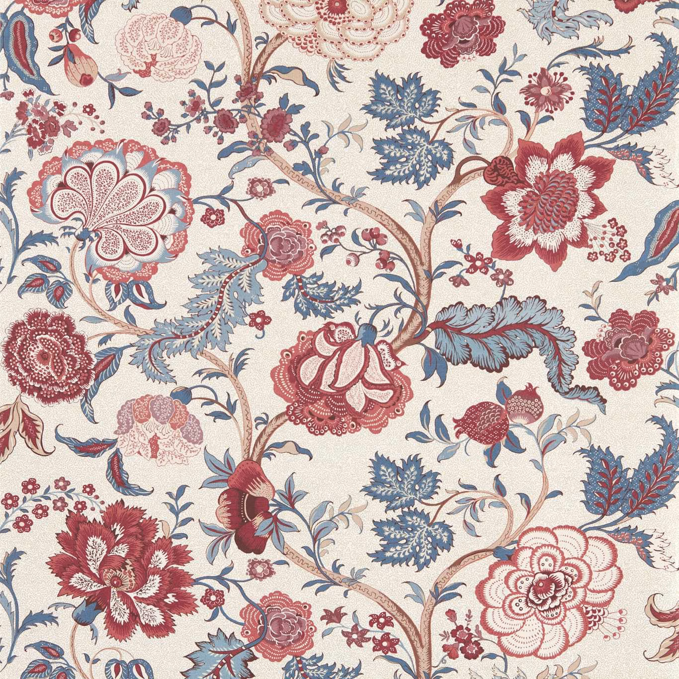 Cream wallpaper with madder-red flowers, dusty blue leaves and scrolling botanical stems