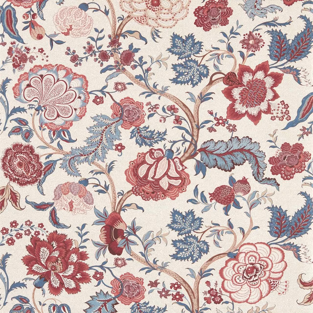 Cream wallpaper with madder-red flowers, dusty blue leaves and scrolling botanical stems