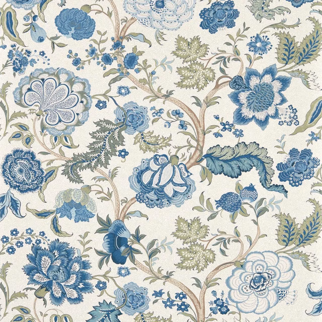 Muted blue floral wallpaper with cream ground, leafy stems and layered botanical blooms