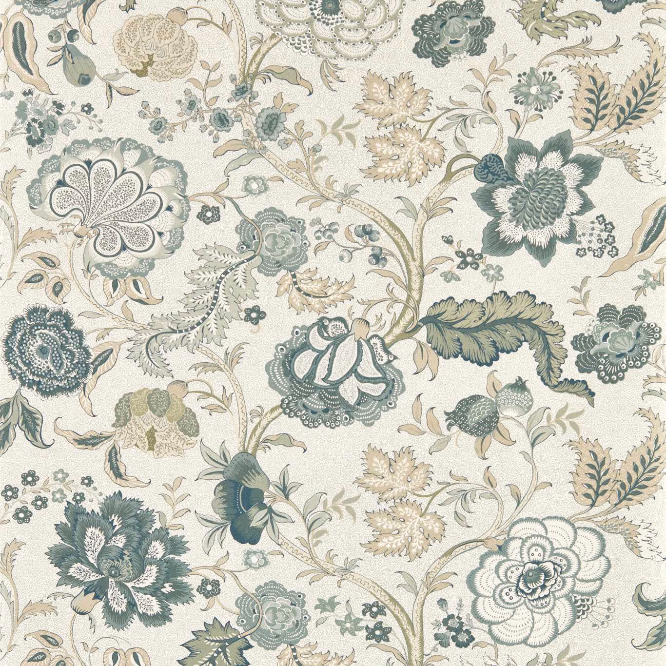 Muted yew green floral wallpaper with blue-grey blooms on a cream ground