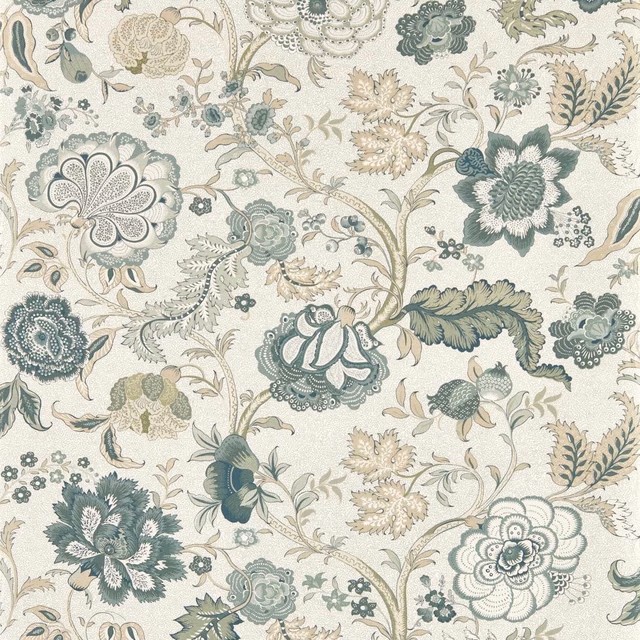 Muted yew green floral wallpaper with blue-grey blooms on a cream ground