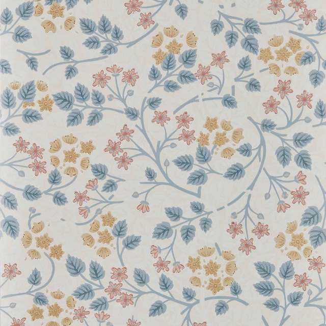 Pale silver-lime wallpaper with blue-grey leafy branches, rose flowers and ochre clusters