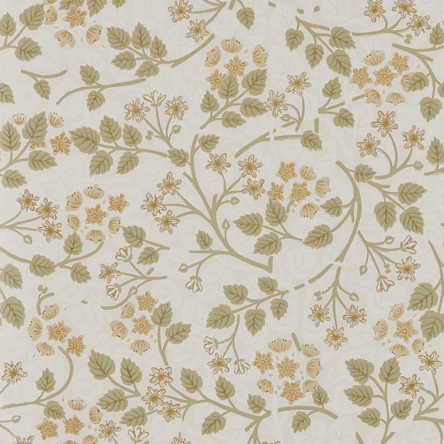 Cream wallpaper with sage vines, leafy branches and small ochre botanical flowers