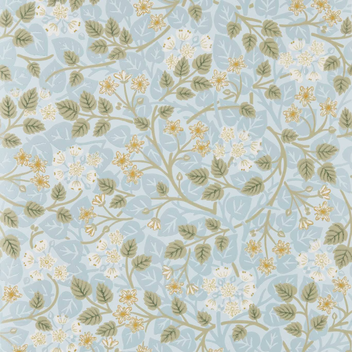 Pale mineral-blue wallpaper with sage leaves and delicate soft-gold floral sprays