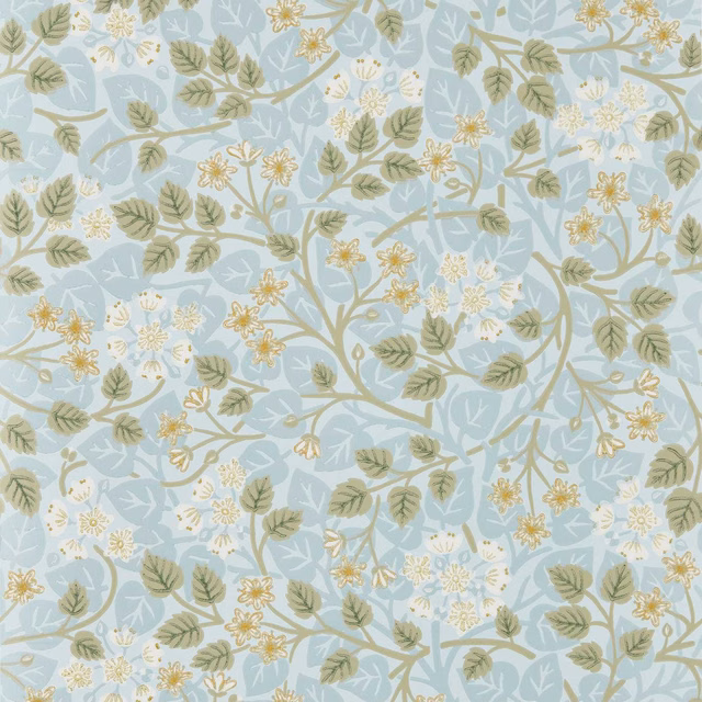Pale mineral-blue wallpaper with sage leaves and delicate soft-gold floral sprays