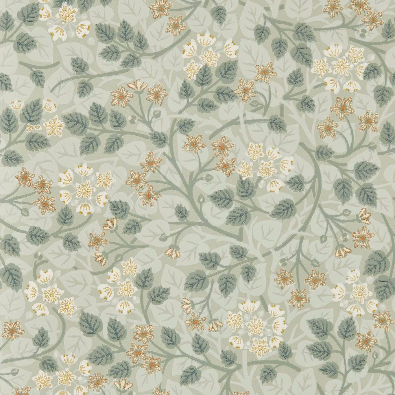 Silver sage wallpaper with trailing leafy branches and cream, white and ochre flowers