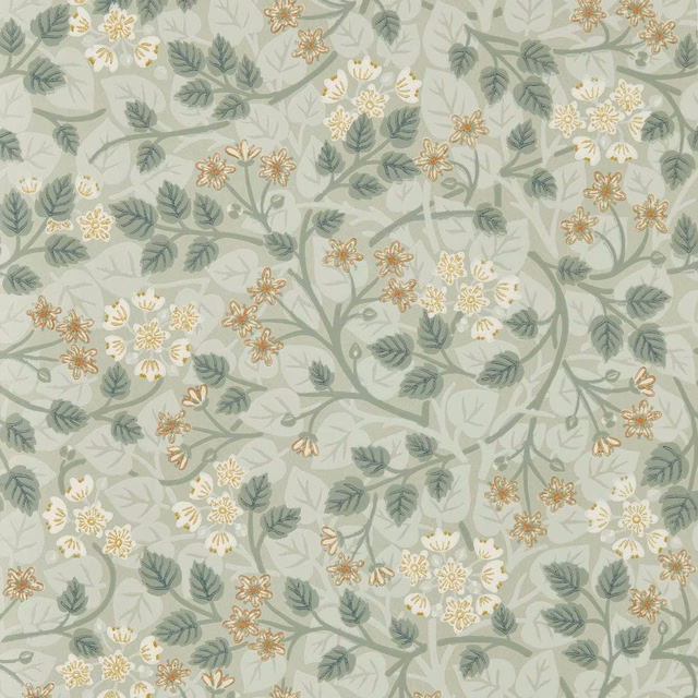 Silver sage wallpaper with trailing leafy branches and cream, white and ochre flowers