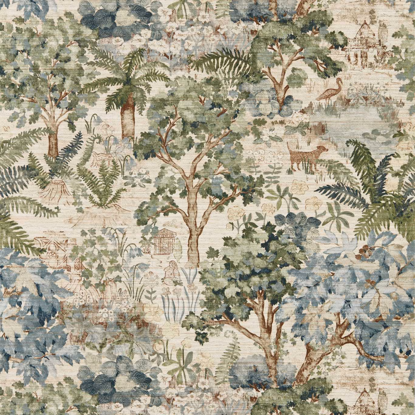 Muted sage, blue and cream fern garden scene with trees, birds and deer
