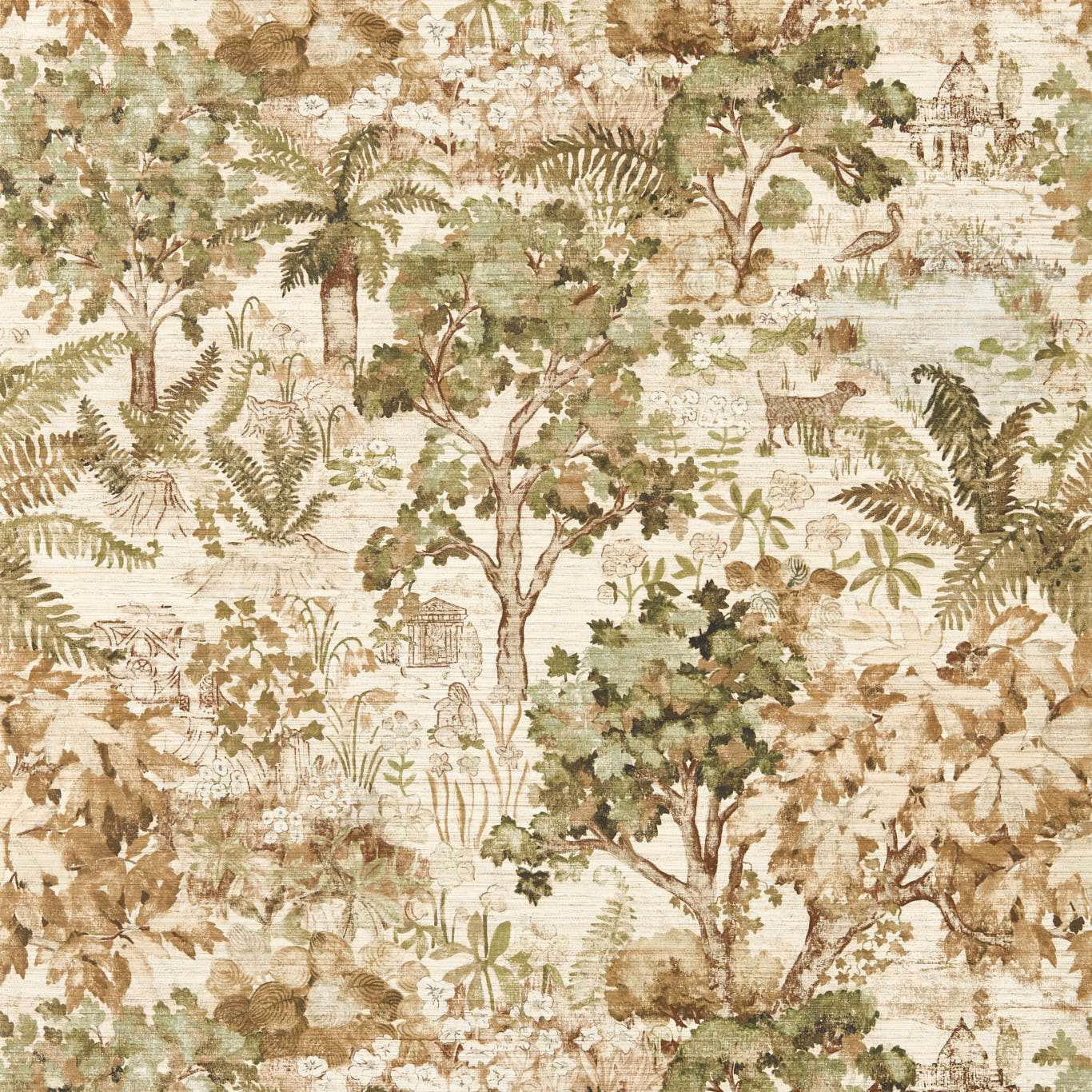 Lichen-green scenic wallpaper with sepia trees, ferns and cream garden details