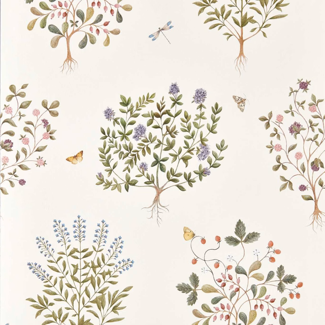 Cream botanical wallpaper with olive leaves, damson berries, blue flowers and delicate insects