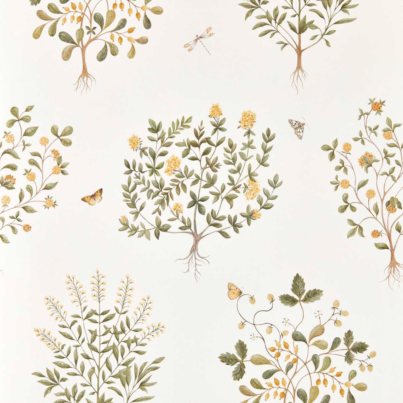 Off-white wallpaper with lichen botanical trees, ochre berries and delicate insects