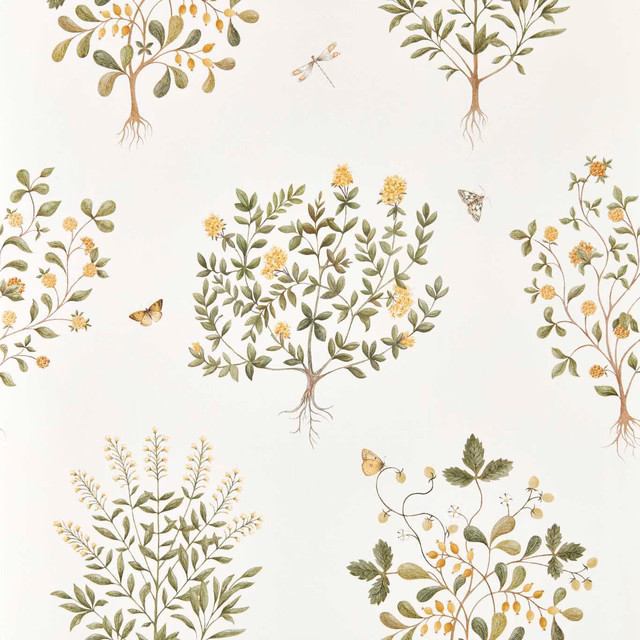 Off-white wallpaper with lichen botanical trees, ochre berries and delicate insects