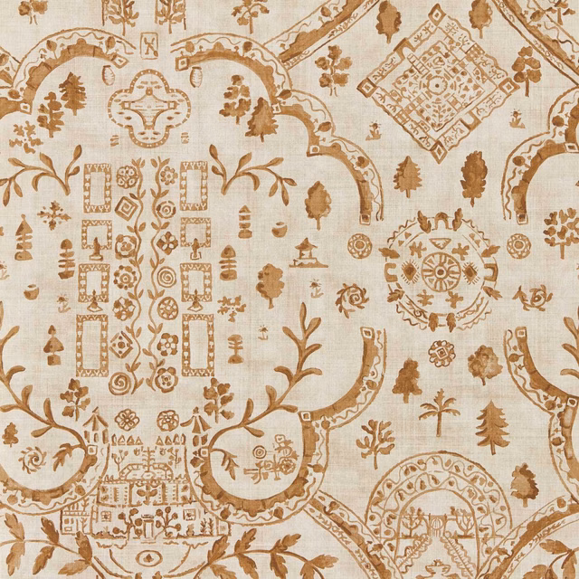 Warm oat wallpaper with sepia topiary, arches, urns and medallion motifs