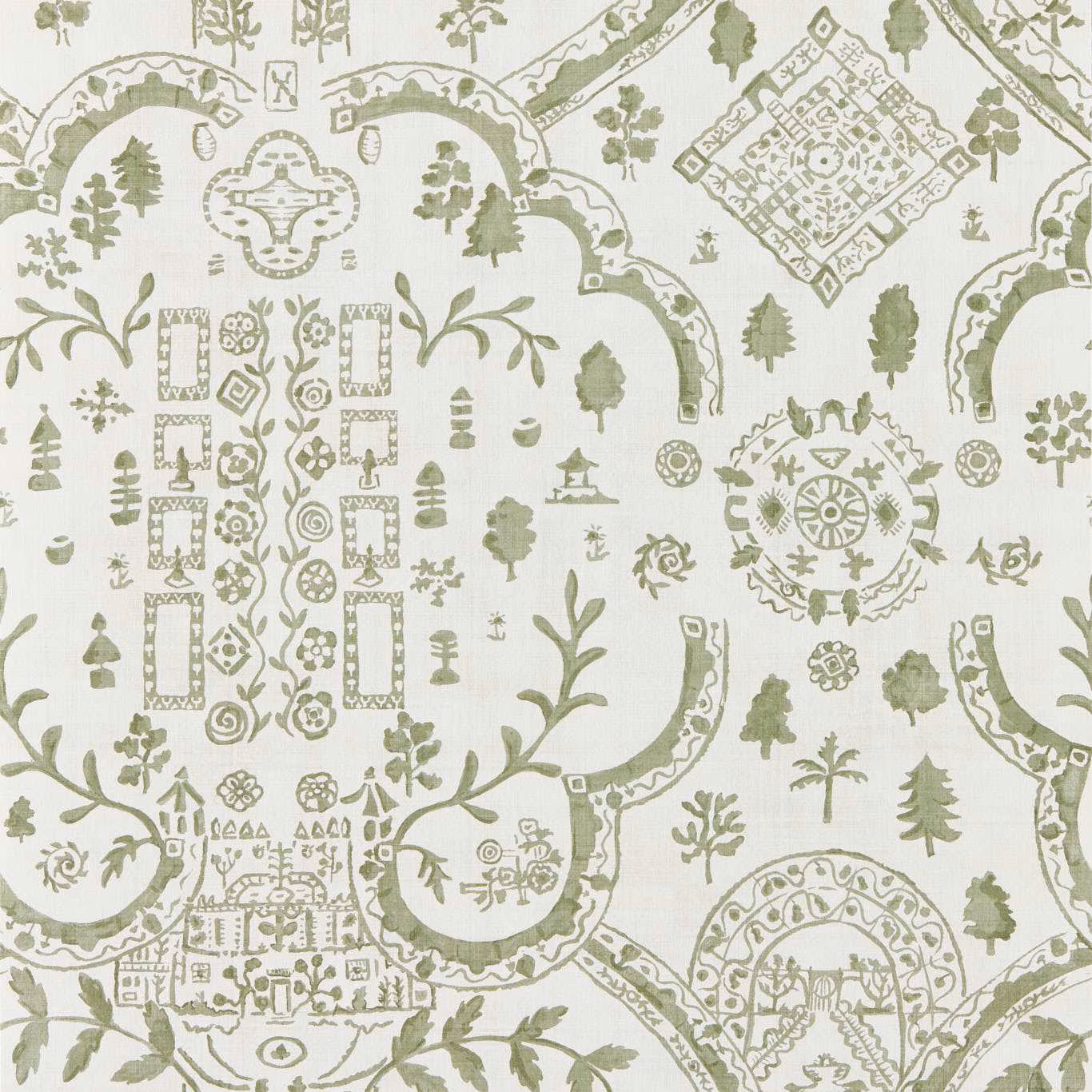 Pale ivory wallpaper with muted thyme-green topiary, trees, medallions and garden scenes
