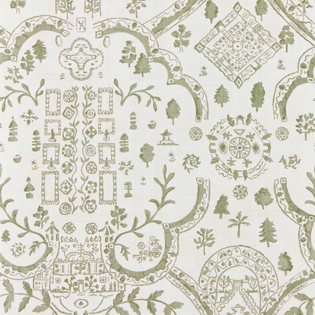 Pale ivory wallpaper with muted thyme-green topiary, trees, medallions and garden scenes