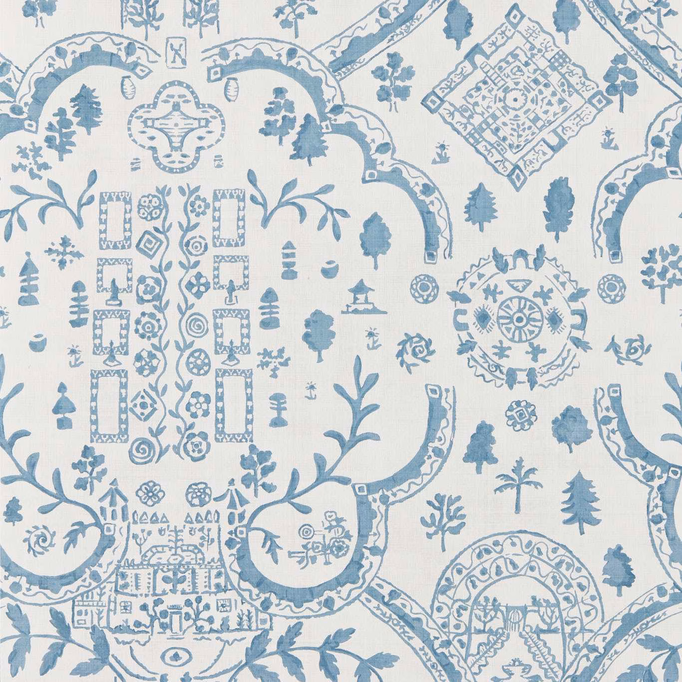 Cream wallpaper with muted Wedgwood blue trees, pagodas, florals and ornate medallions