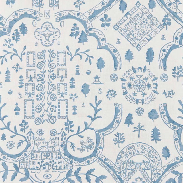 Cream wallpaper with muted Wedgwood blue trees, pagodas, florals and ornate medallions