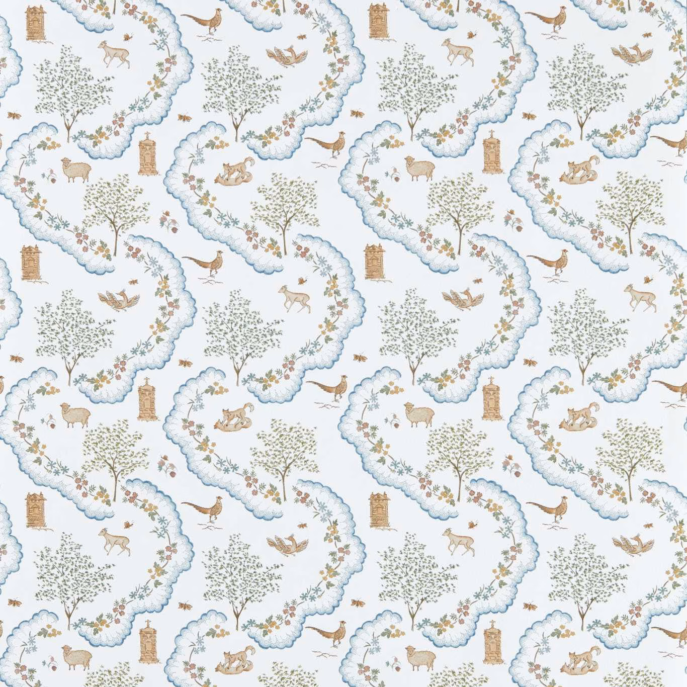 Pale powder-blue wallpaper with illustrated trees, deer, birds and scalloped floral borders