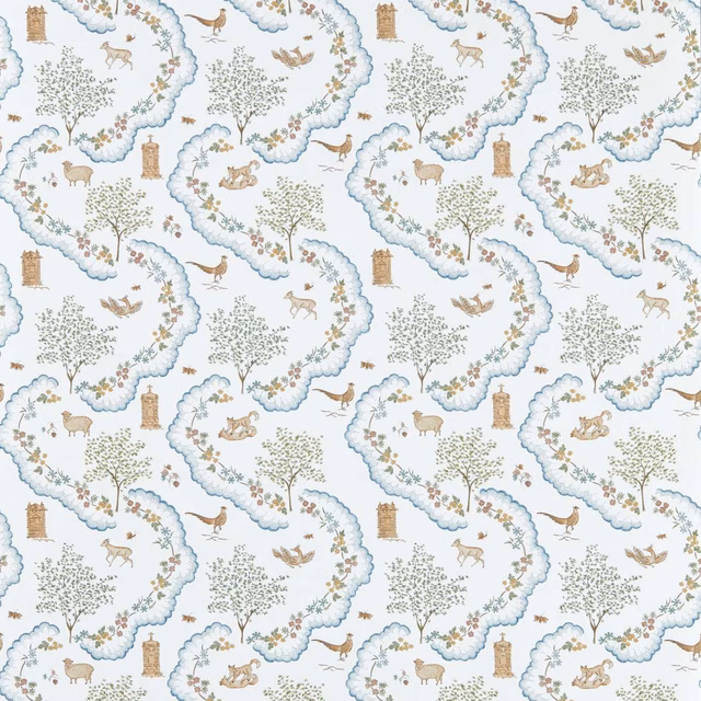 Pale powder-blue wallpaper with illustrated trees, deer, birds and scalloped floral borders