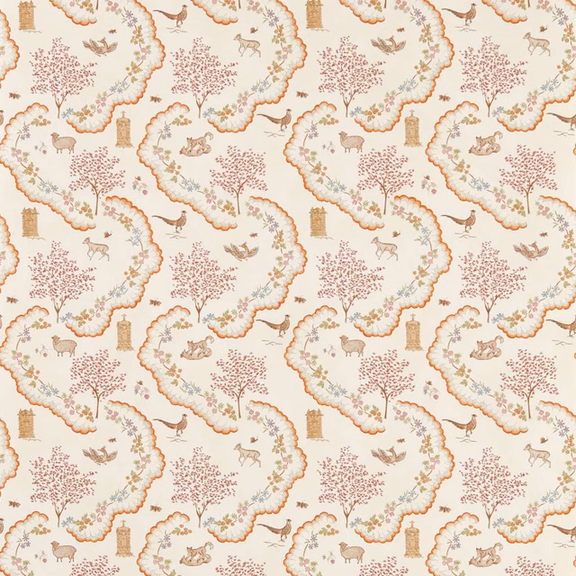 Warm cream wallpaper with terracotta scallops, woodland animals, trees and dusty sage details