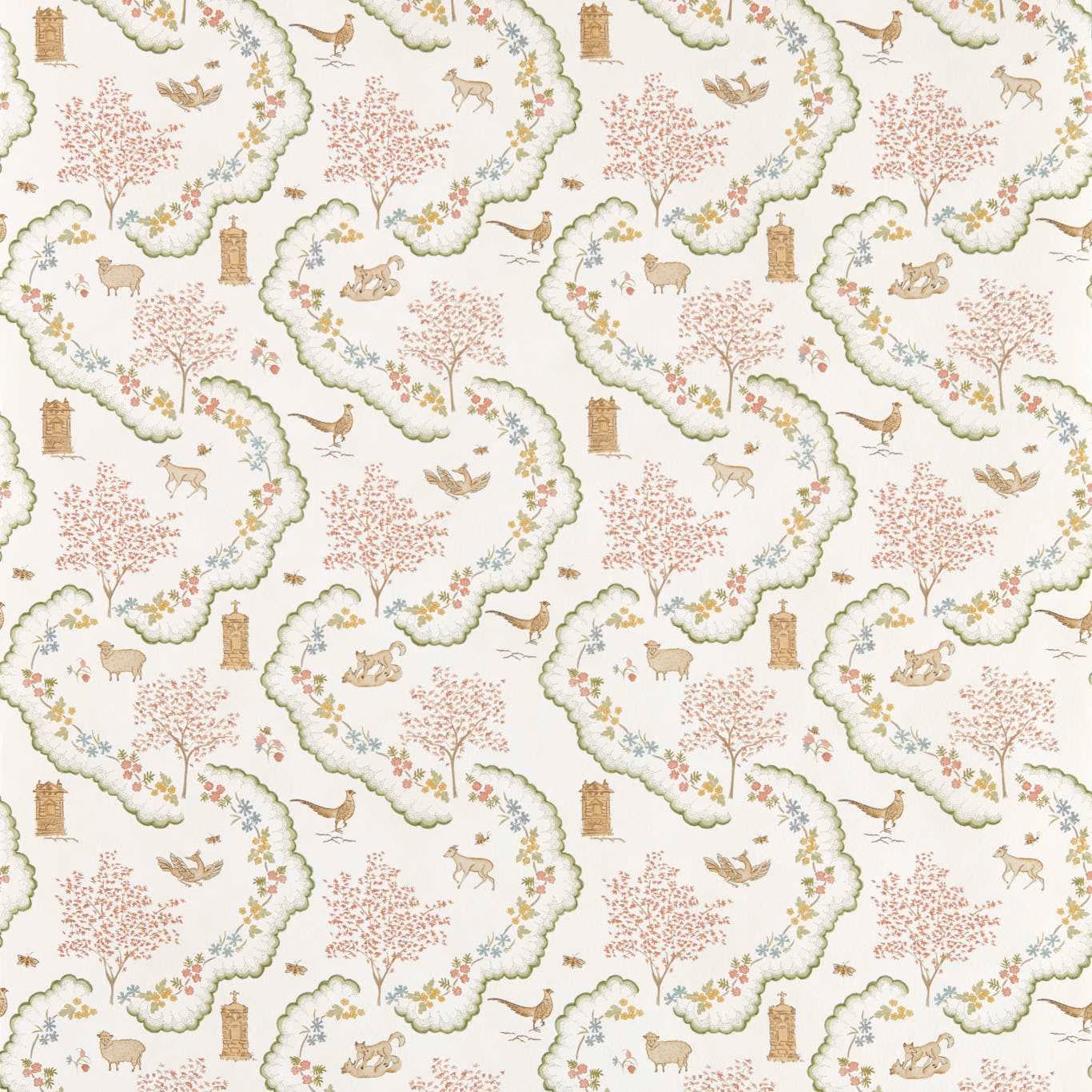 Pearl wallpaper with sage borders, pink blossom trees, deer, rabbits and birds