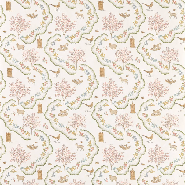 Pearl wallpaper with sage borders, pink blossom trees, deer, rabbits and birds
