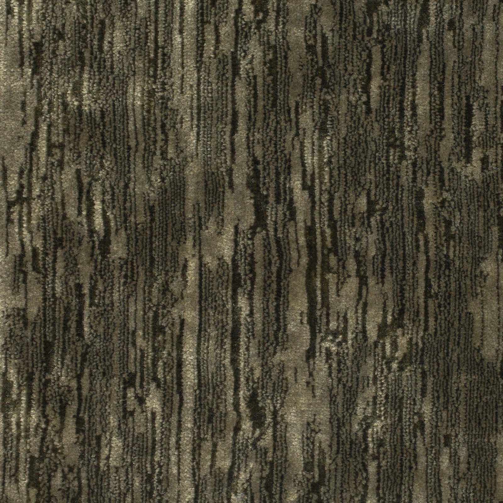 Olive green velvet swatch with dark vertical striations and dense pile texture
