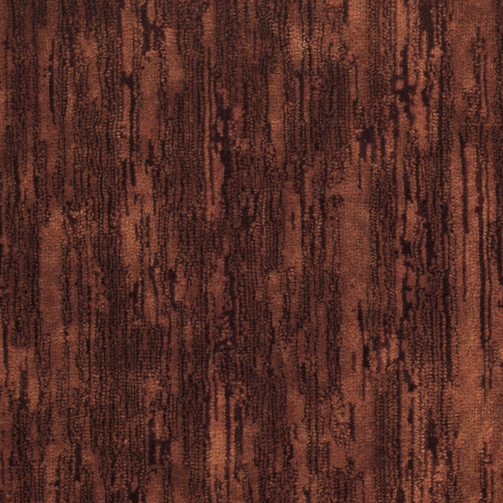 Burnt sienna velvet with dark vertical striations and rich textured pile