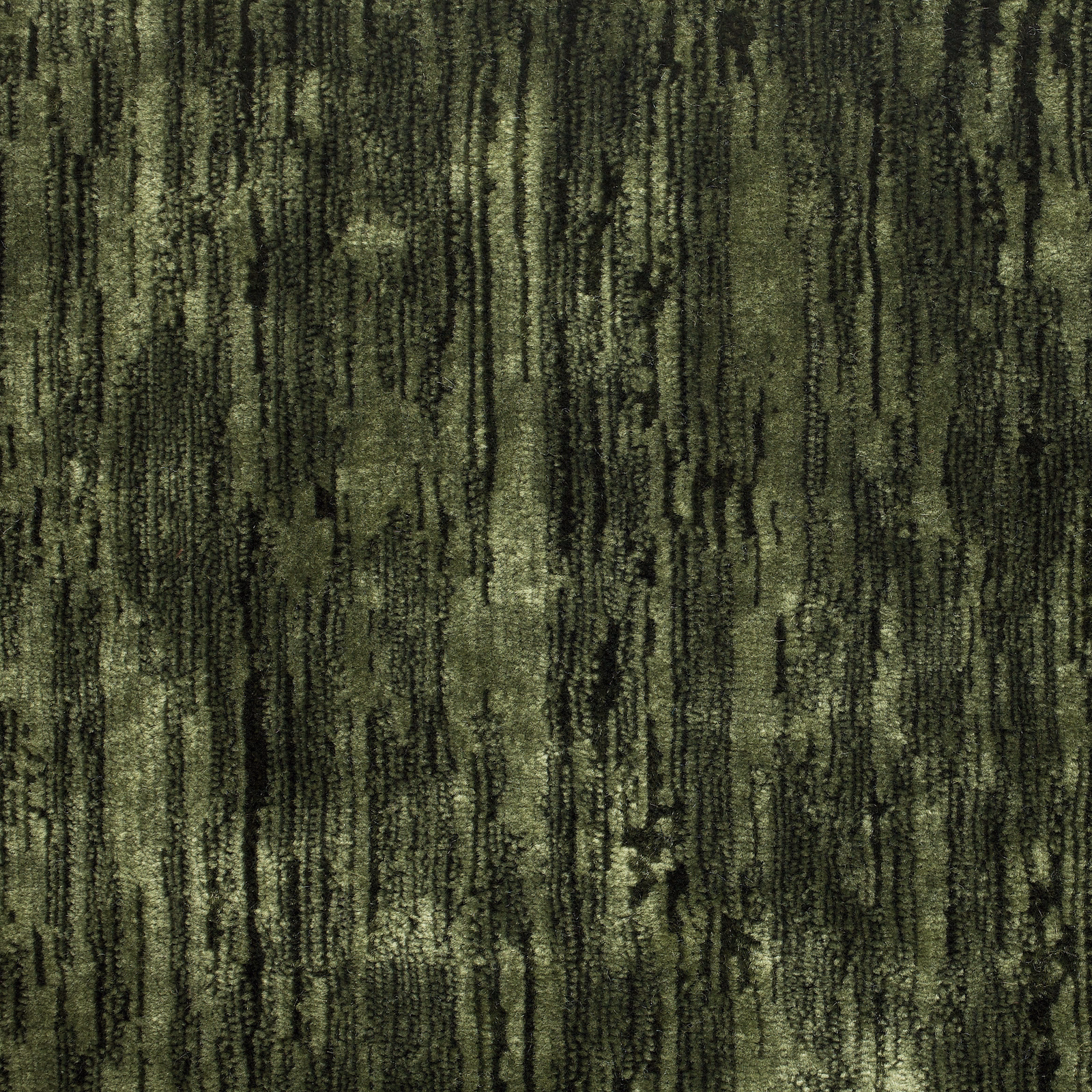 Deep evergreen velvet swatch with vertical mossy striations and dark pile texture