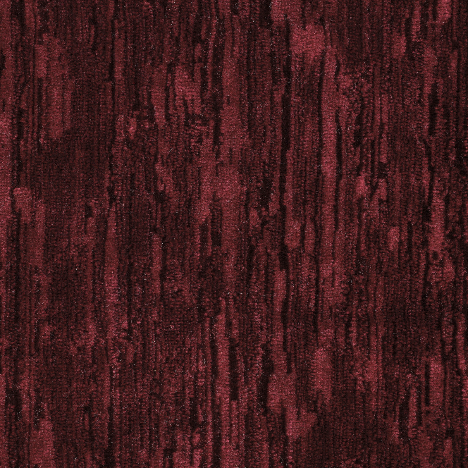 Deep ruby velvet swatch with dark vertical striations and plush pile