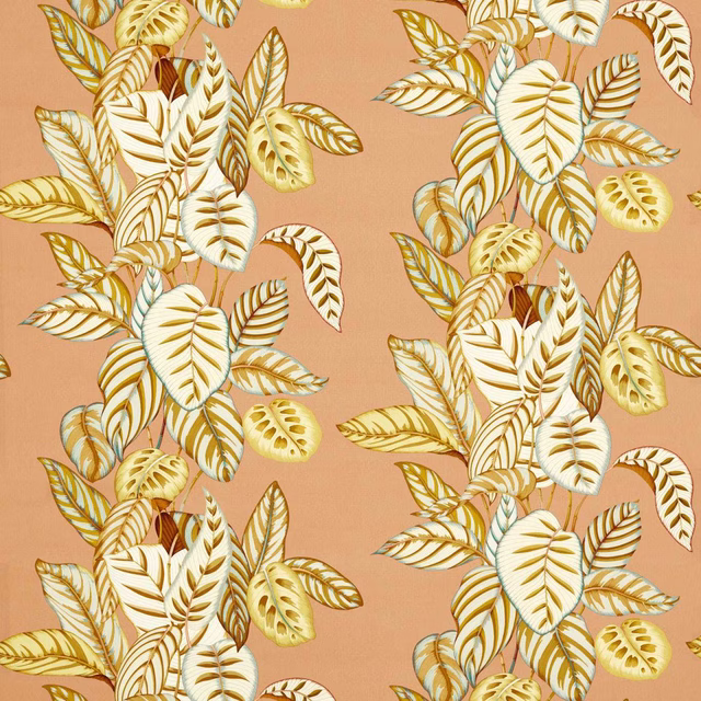 Large tropical leaf print on peach-sand ground with cream, ochre and caramel leaves