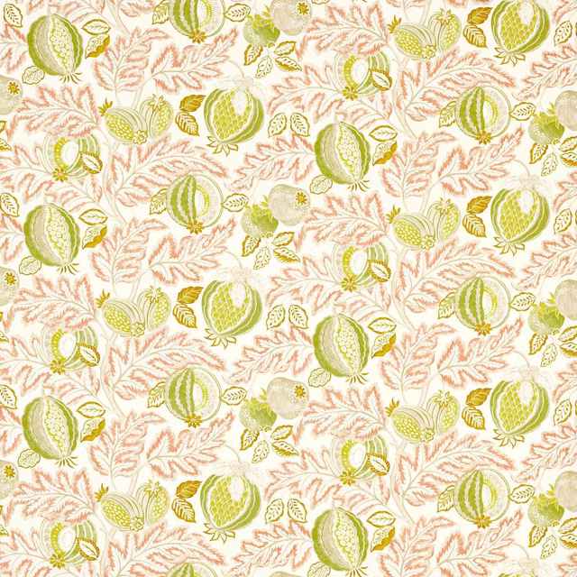 Botanical outdoor print with lime green fruit motifs and peach leafy branches on a pale ground