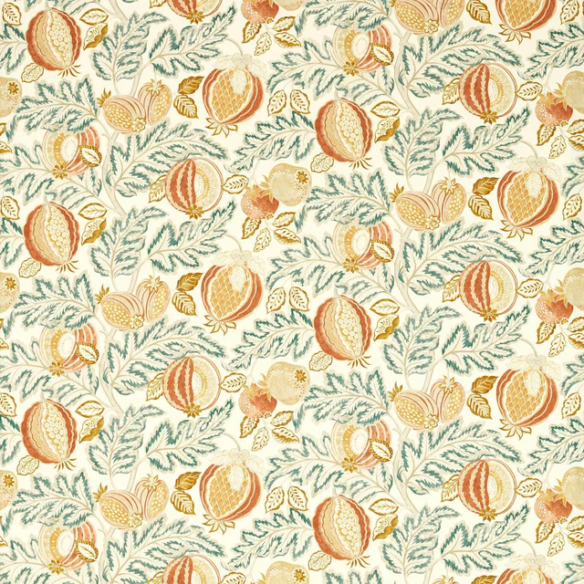 Cream outdoor print with cantaloupe motifs and teal agave leaves