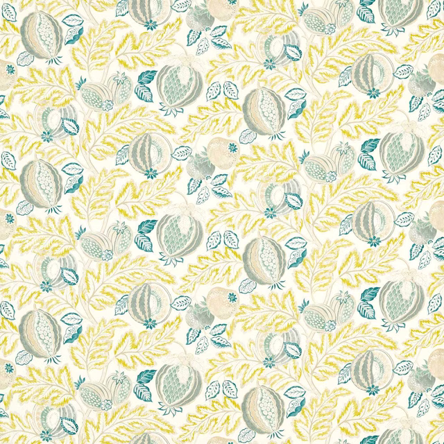 Cream ground botanical print with teal fruit, sage leaves and yellow foliage