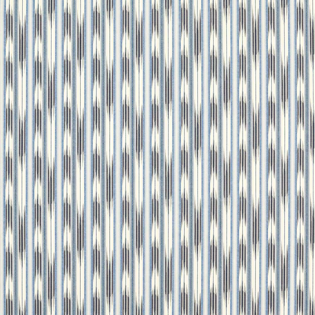 Vertical ikat-style stripes in basalt grey and seasalt blue on an ivory ground
