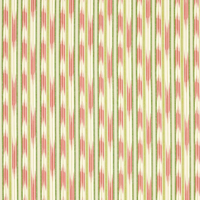 Cream ground fabric with vertical green stripes and hibiscus pink ikat dashes