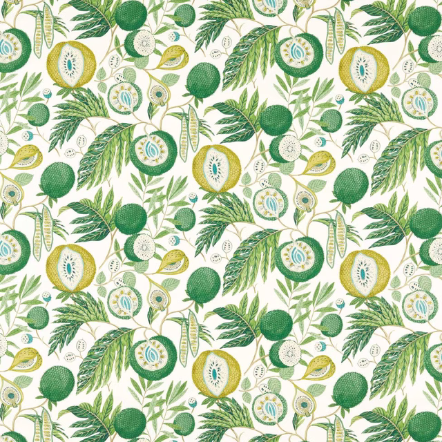 Bright green tropical fruit and leaf print on a pale ground