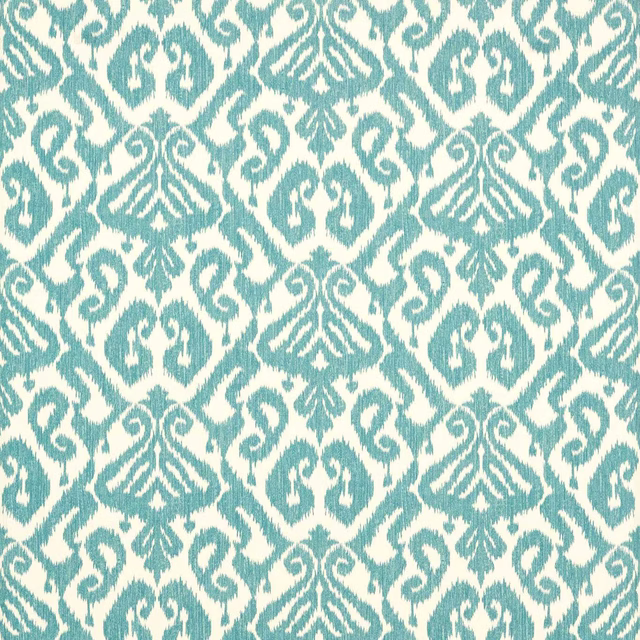 Soft aqua ikat damask fabric on a warm ivory ground, woven texture visible