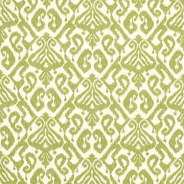 Square swatch of green damask print on an off-white ground, with mirrored scrolling motifs.