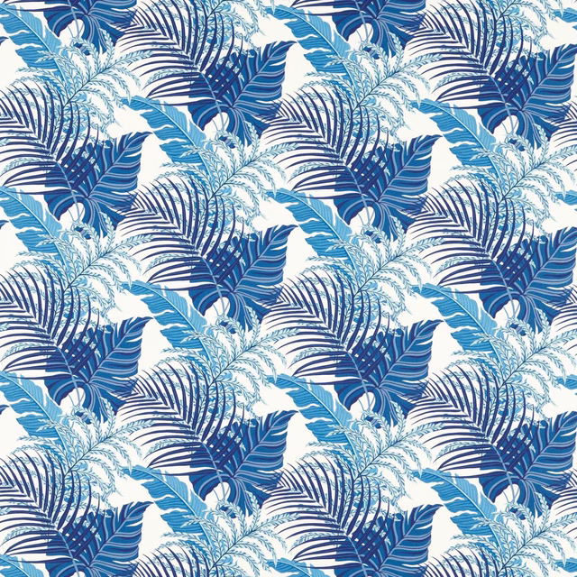 Blue tropical leaf print on white ground with layered palm fronds